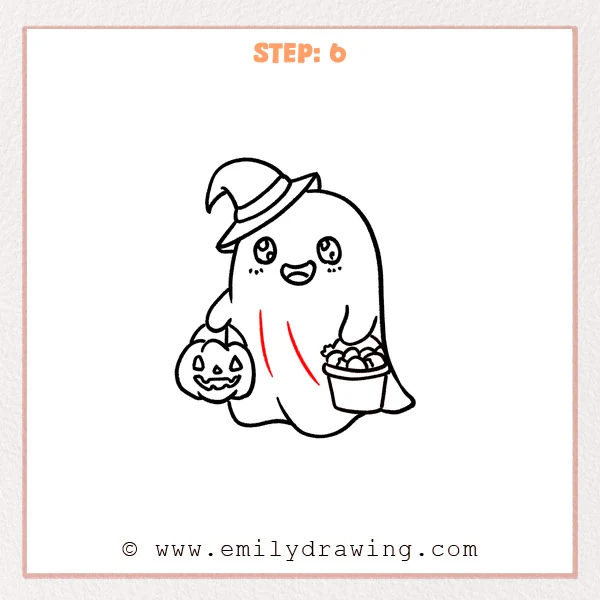 how to draw a halloween - A halloween ghost drawing with a tilted hat now includes two simple curved fold lines down the front to suggest a flowing cloak.