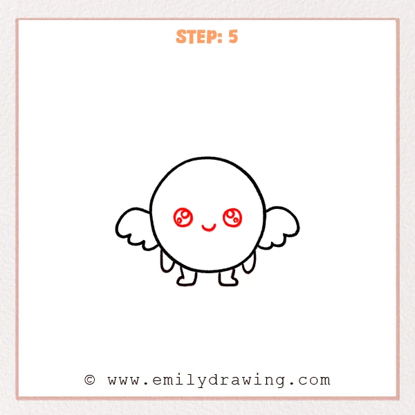 how to draw a halo - A cute halo character with wings and little legs now has two big sparkling eyes and a small smiling mouth.