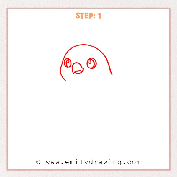 how to draw a hawk - A simple step 1 sketch of a hawk head with a curved head outline, two round eyes, and a hooked beak placed in the center.