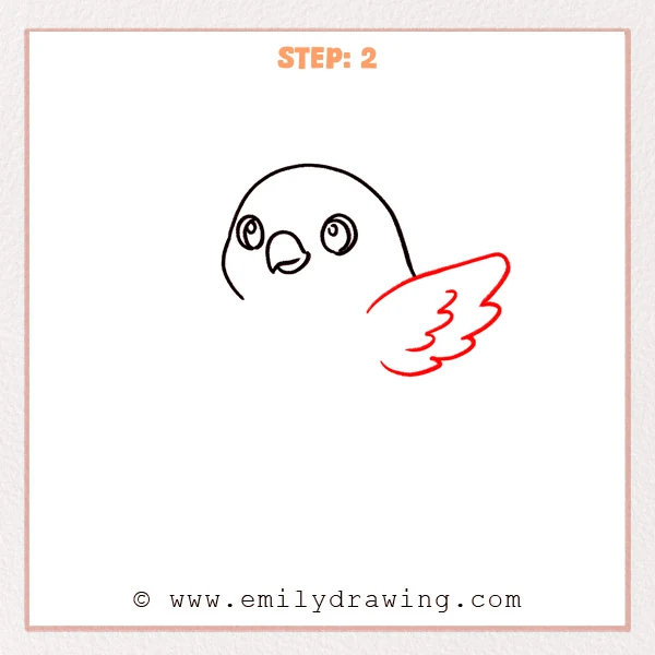 how to draw a hawk - Step 2 of a hawk drawing adds a large wing on the right side with a curved outline and rounded feather bumps at the tip.