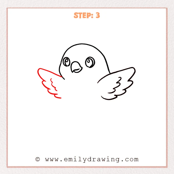 how to draw a hawk - Step 3 of a hawk drawing adds a rounded body under the head and a second wing on the left with simple feather bumps.