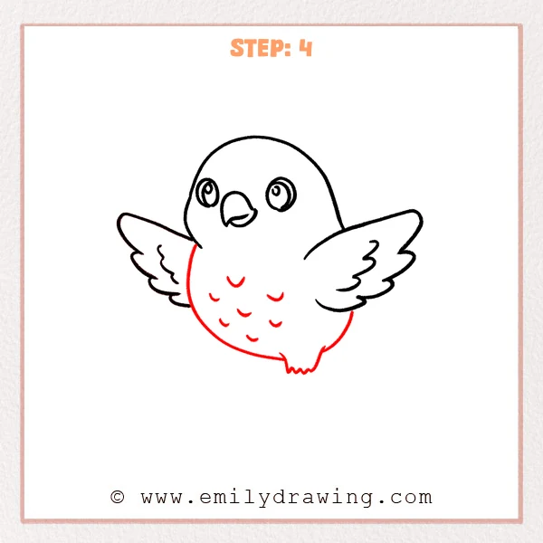 how to draw a hawk - Step 4 of a hawk drawing adds small U-shaped belly feather marks and a tiny zigzag tail/feet edge at the bottom of the rounded body.