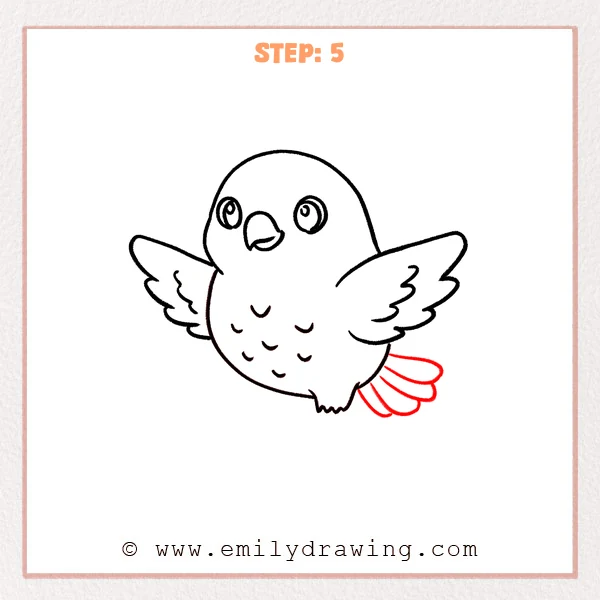 how to draw a hawk - Step 5 of a hawk drawing adds a fanned tail on the lower right, with several long curved feathers separated into clear sections.
