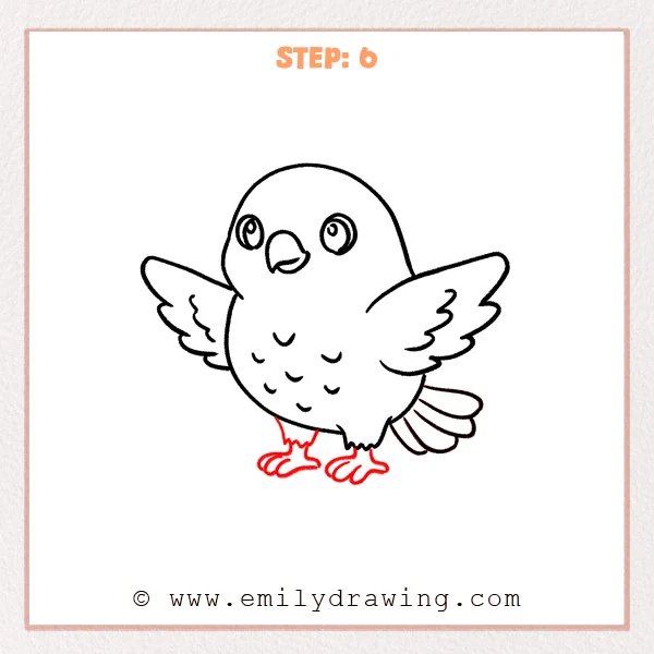 how to draw a hawk - Step 6 of a hawk drawing adds two short legs and two feet with three rounded toes each, positioned under the round body.