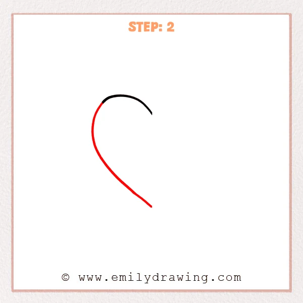how to draw a heart - Step 2 of how to draw a heart, adding a long curved line from the upper-left arc down to a pointed bottom tip.
