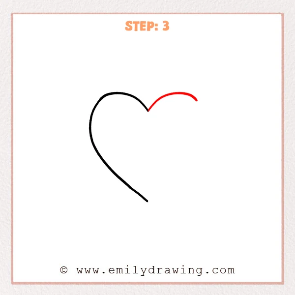 how to draw a heart - Step 3 of how to draw a heart, adding the upper-right curved lobe starting from the top center dip.