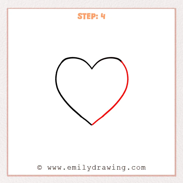 how to draw a heart - Step 4 of how to draw a heart, adding the right outer curve from the upper-right lobe down to connect at the bottom point, completing the outline.