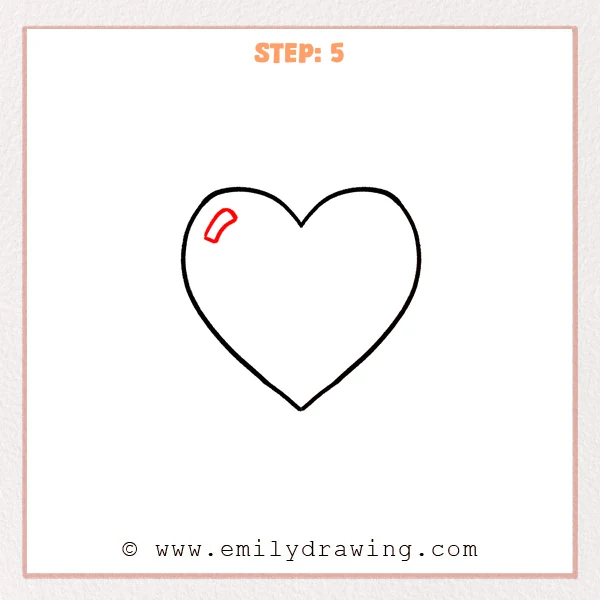 how to draw a heart - Step 5 of how to draw a heart, adding a small curved highlight shape inside the upper-left area of the heart outline.