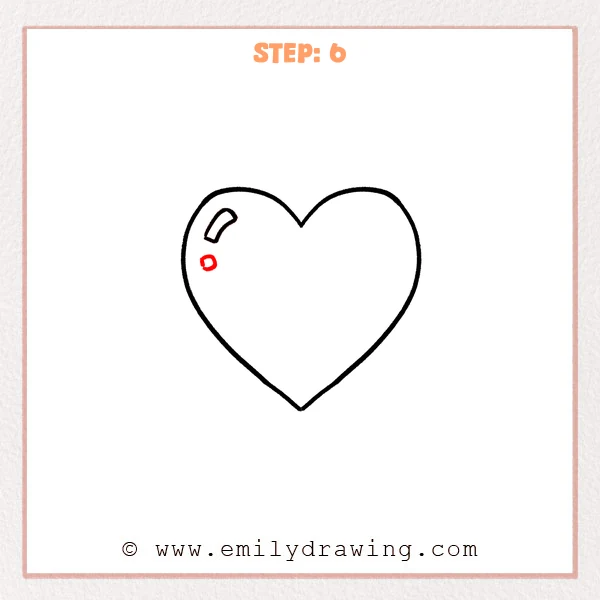 how to draw a heart - Step 6 of how to draw a heart, adding a tiny rounded highlight dot below the main highlight inside the upper-left area.