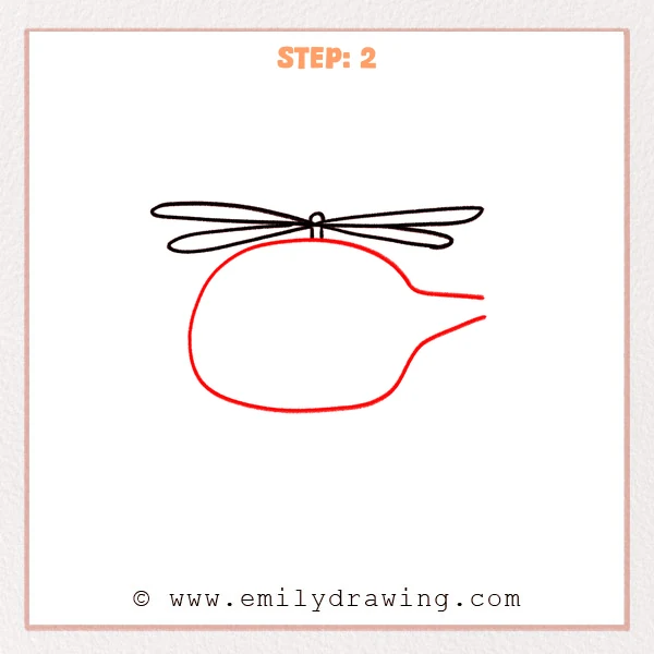 how to draw a helicopter - Sketch of a helicopter with the main rotor on top and a big rounded fuselage below, plus the beginning of a tail boom extending to the right.