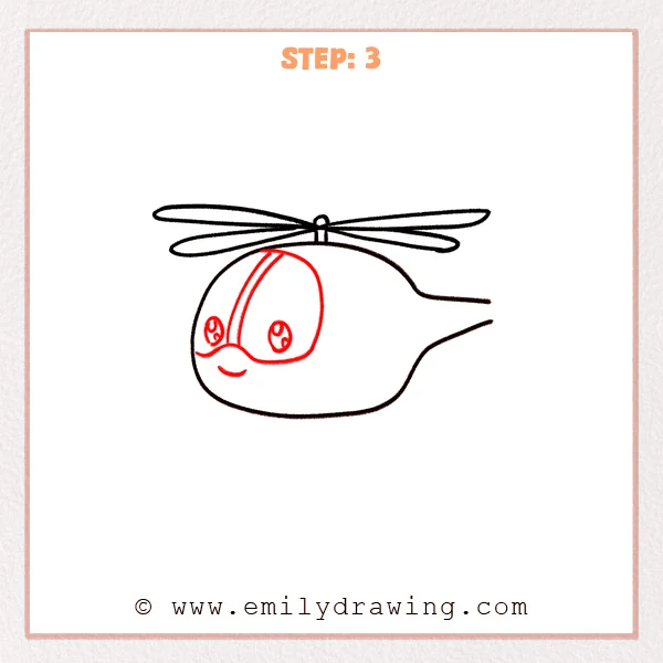 how to draw a helicopter - A helicopter sketch with the main rotor on top and a rounded body, now showing two large cockpit windows with cute eyes, a center divider line, and a small smile.