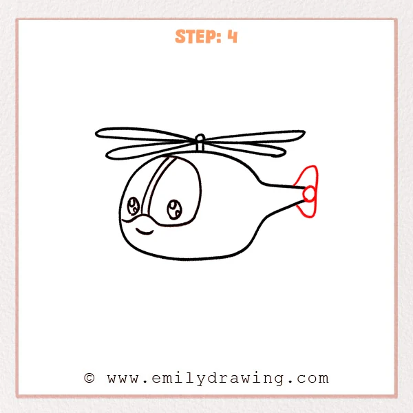 how to draw a helicopter - A cute helicopter drawing with cockpit windows and a smile, now with a small tail rotor added at the end of the tail boom.