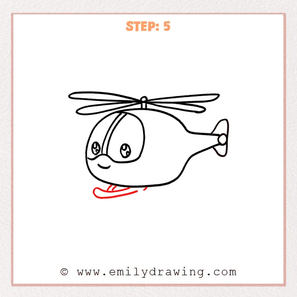 how to draw a helicopter - A cute helicopter drawing with rotor, cockpit face, tail rotor, and a new curved landing skid with short support struts under the body.