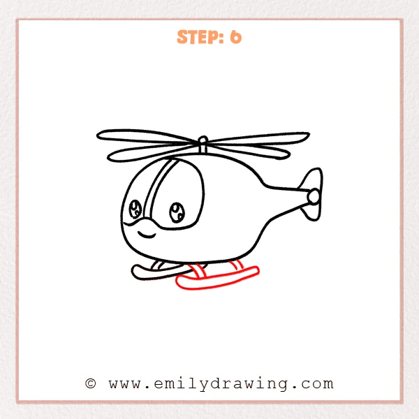 how to draw a helicopter - A cute helicopter drawing with rotor, cockpit face, tail rotor, and now two landing skids under the body connected by multiple short support struts.