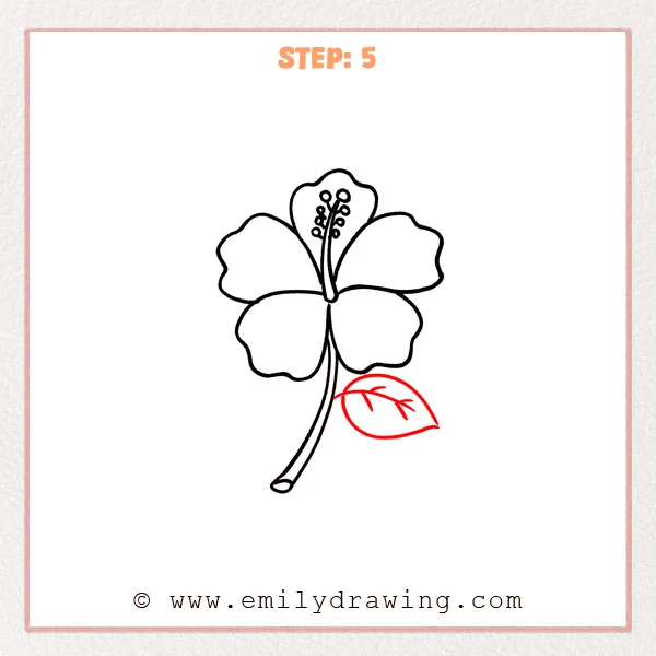 how to draw a hibiscus - The hibiscus drawing now includes a single leaf attached to the stem on the right, with a main vein and a few small side veins.