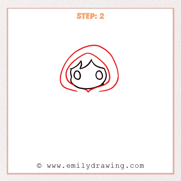 how to draw a hood - Step 2 of how to draw a hood—an outer hood outline and an inner opening border are added around the face, with a small pointed gather at the bottom center.