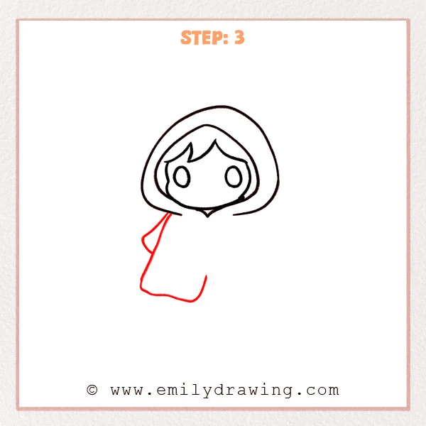 how to draw a hood - Step 3 of how to draw a hood—below the hood and face, a flowing cloak body is added with a small sleeve bump and a rounded, folded hem.
