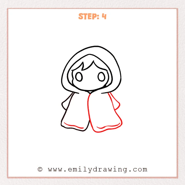 how to draw a hood - Step 4 of how to draw a hood— the right side of the cloak is added, a center opening line is drawn, and both hems get simple wavy fold details.