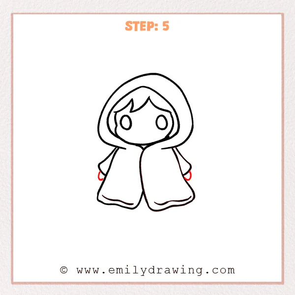 how to draw a hood - Step 5 of how to draw a hood—small hands are added under both sleeves, and the cloak outline is cleaned into smooth final lines.