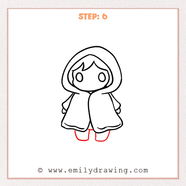 how to draw a hood - Step 6 of how to draw a hood—two small rounded feet are added beneath the cloak, spaced slightly apart and tucked under the hem.