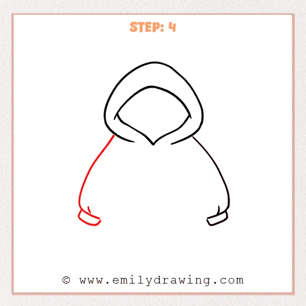 how to draw a hoodie - The hoodie drawing now shows both sleeves and a rounded body shape beneath the hood, with matching cuffs on each side.