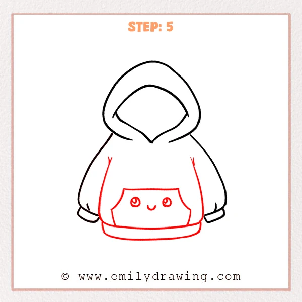 how to draw a hoodie - The hoodie drawing now includes a large front pocket with a cute face, plus a thick bottom hem band and added inner body lines.