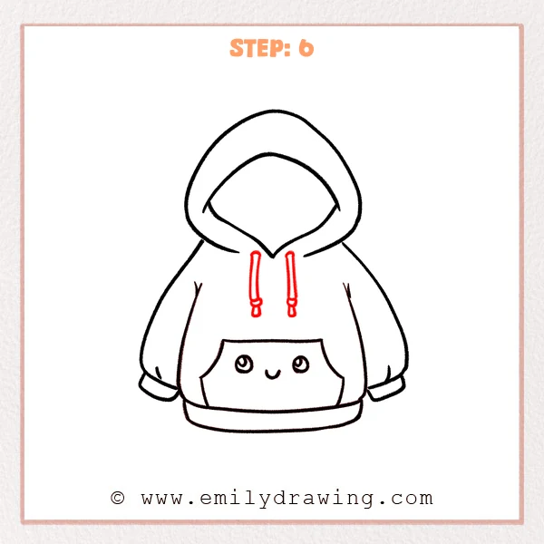 how to draw a hoodie - The cute hoodie drawing now includes two drawstrings hanging from the hood opening, each with a small knot and tip.