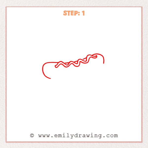 how to draw a hotdog - Step 1 shows a simple hotdog bun outline with one wavy line on top to mark the sauce path.