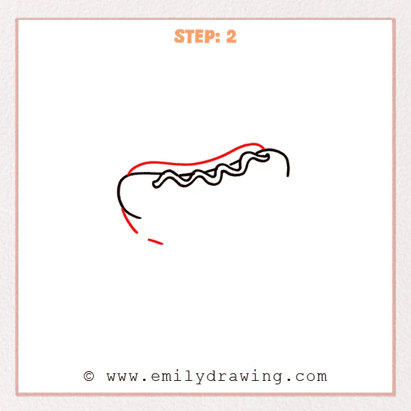 how to draw a hotdog - Step 2 refines the hotdog by adding a smooth top bun curve and a short lower curve on the left to show bun thickness.