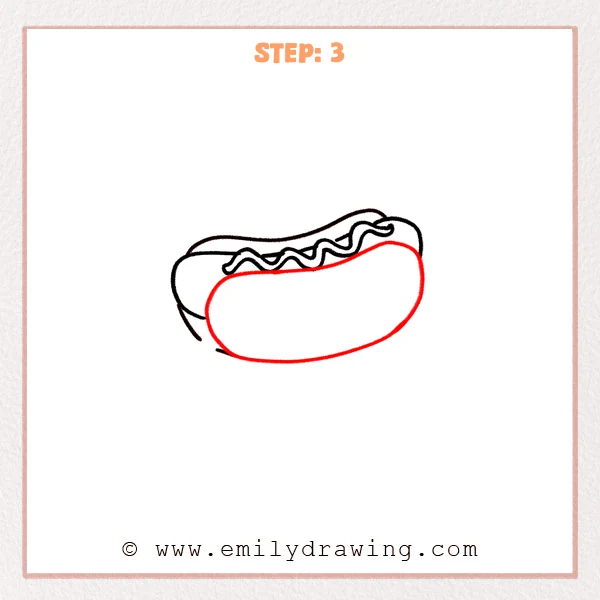 how to draw a hotdog - Step 3 adds a large rounded bottom bun outline beneath the sauce, giving the hotdog a fuller, supported shape.