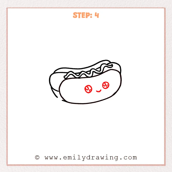how to draw a hotdog - Step 4 adds a cute face to the hotdog by drawing two spiral eyes and a small smiling mouth on the front of the bun.