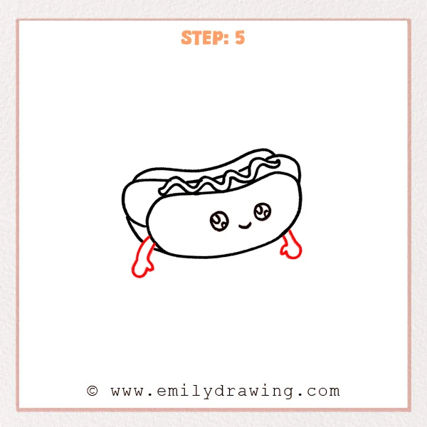 how to draw a hotdog - Step 5 adds two small arms with mitten-like hands to the sides of the cute hotdog, making it look more lively.