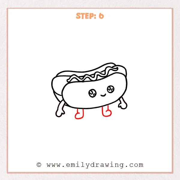 how to draw a hotdog - Step 6 adds two short legs and simple rounded shoes under the cute hotdog bun, completing the character body.