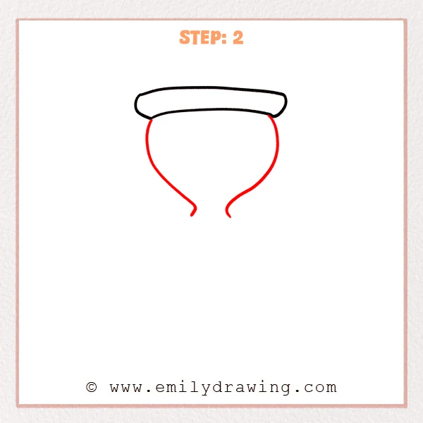 how to draw a hourglass - Step 2 of an hourglass drawing adds two long curved side walls beneath the top rim, rounding outward then narrowing toward an open center neck.