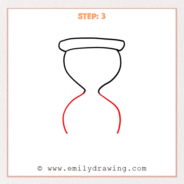 how to draw a hourglass - Step 3 of an hourglass drawing adds the lower curved walls from the narrow neck, expanding outward into a rounded bottom chamber without closing the base.