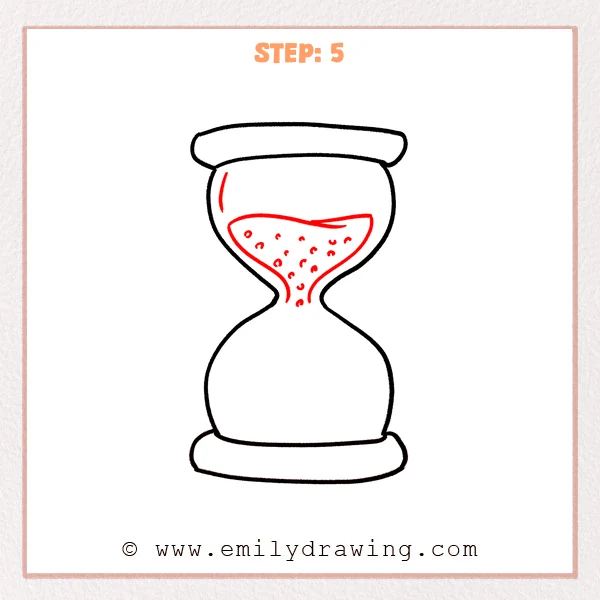 how to draw a hourglass - Step 5 of an hourglass drawing adds a wavy sand pile in the top chamber, a thin falling stream at the neck, and scattered grain dots.