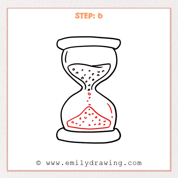 how to draw a hourglass - Step 6 of an hourglass drawing adds a piled sand mound in the bottom chamber with grain dots, plus curved highlight marks on the glass.
