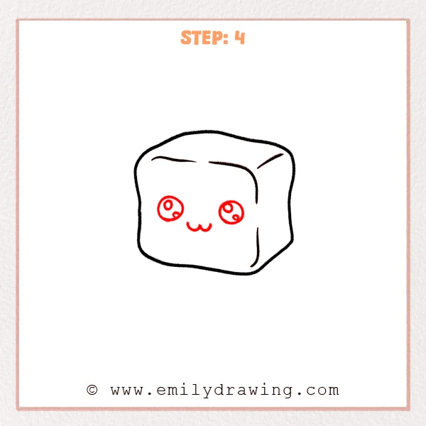 how to draw an ice - A beginner ice drawing becomes a cute character with two large eyes, shiny highlights, and a small smiling mouth.