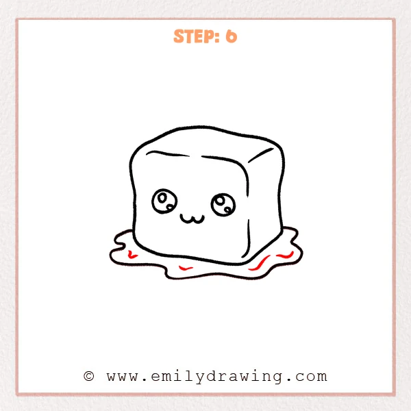 how to draw an ice - A finished easy drawing tutorial of ice shows a cute ice cube with inner facets, a smiling face, and small ripple details in the puddle.