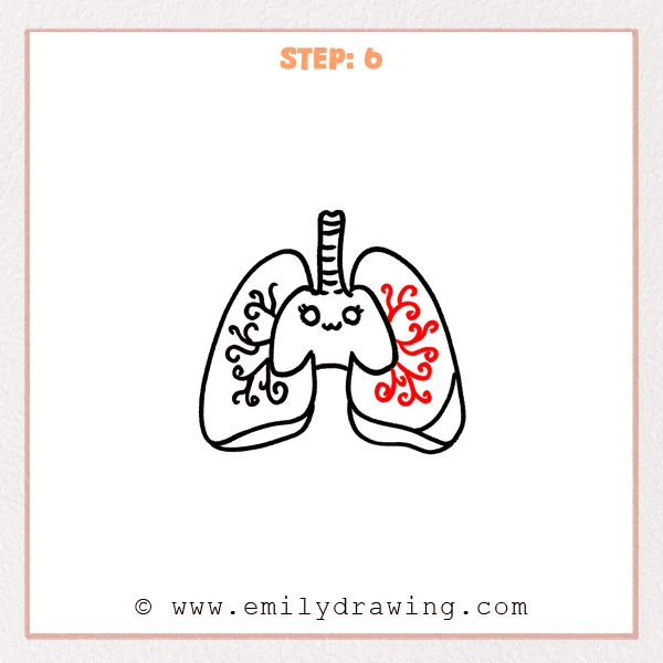 how to draw a lungs - The final easy lungs drawing shows matching curling branches inside the right lung to complete the cute design.