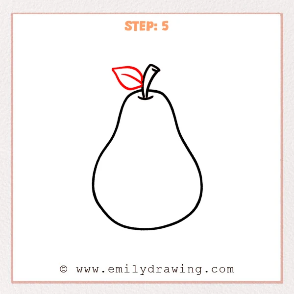 how to draw a pear - A pear drawing is refined by adding a pointed leaf with a curved center vein beside the stem.