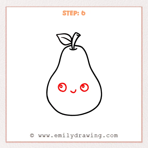 how to draw a pear - A pear drawing is refined by adding two round eyes with highlights and a small smiling mouth.