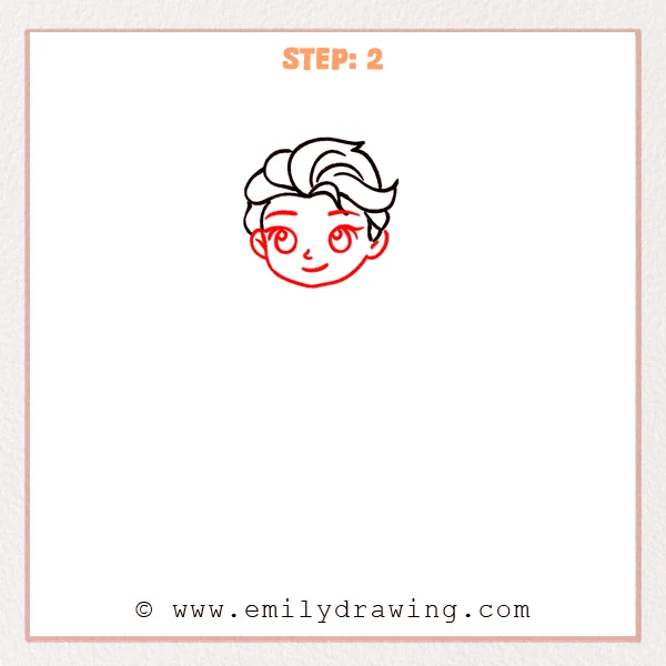 how to draw an elsa - Elsa drawing with the hair completed first, then a round face, large eyes, eyebrows, small nose, smiling mouth, and ears added.
