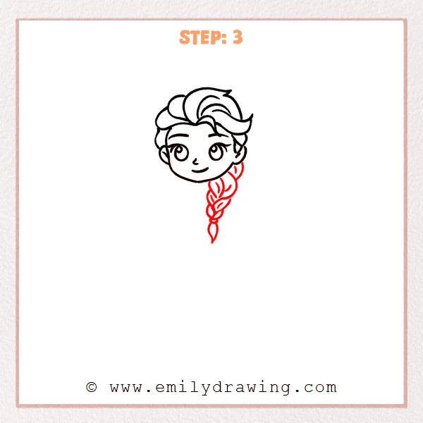 how to draw an elsa - Elsa drawing with the face complete and a long side braid added from below the right ear down to a small pointed hair tip.