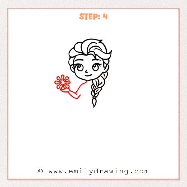 how to draw an elsa - Elsa drawing with the head and braid completed, then a neck, upper body, bent arm, raised hand, and a simple snowflake magic effect added.