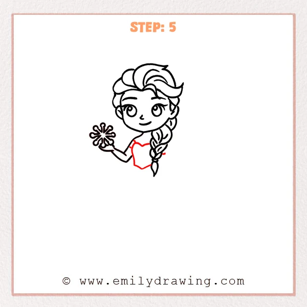 how to draw an elsa - Elsa drawing with the head, braid, arm, and snowflake completed, then the fitted top of her dress with a heart-shaped neckline added.
