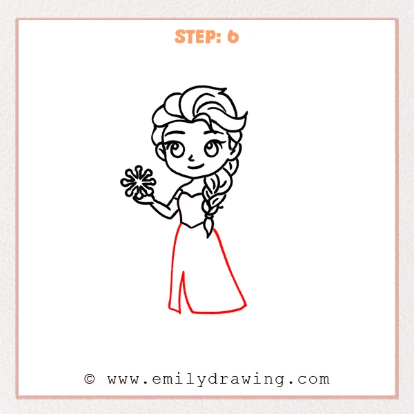 how to draw an elsa - Elsa drawing with the upper dress finished, then a long flowing skirt added with a slit on the left side and a gently curved hem.