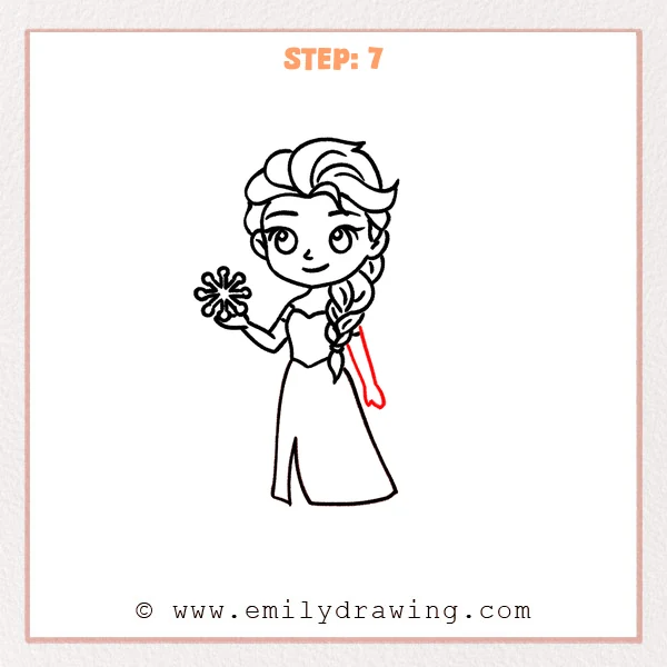 how to draw an elsa - Elsa drawing with the dress and braid completed, then a second arm added on the right side in a relaxed downward pose.