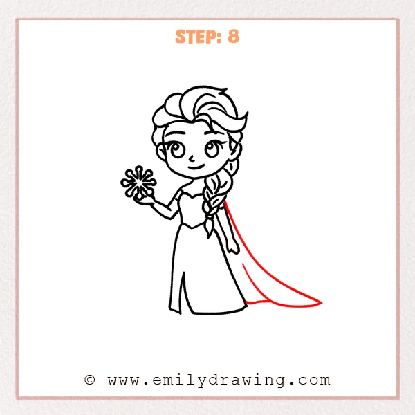 how to draw an elsa - Elsa drawing with the full dress and both arms completed, then a long flowing cape added behind her right side.