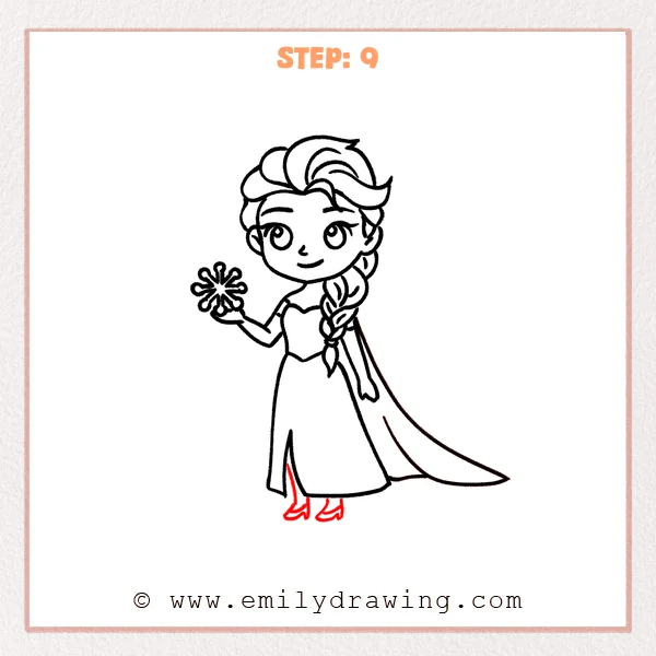 how to draw an elsa - Elsa drawing with the full dress and cape completed, then two small shoes added beneath the hem.